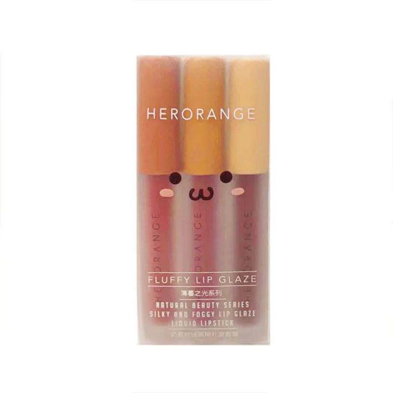 HERORANGE 3pcs Per Set Lip Glaze Gift Box Velvet Matte Lip Gloss Waterproof Non-stick Cup Liquid Lipstick