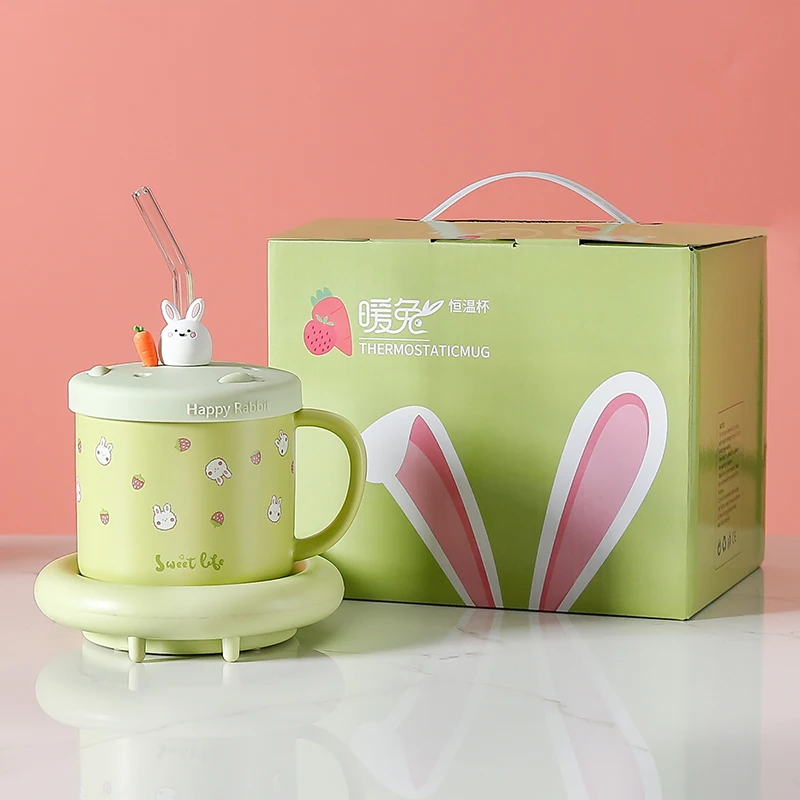 Pink rabbit style Intelligent Thermostatic Heating Warm Cup Coffee Milk Heating Cup Coffee Mugs Porcelain Cup pink Color With Li