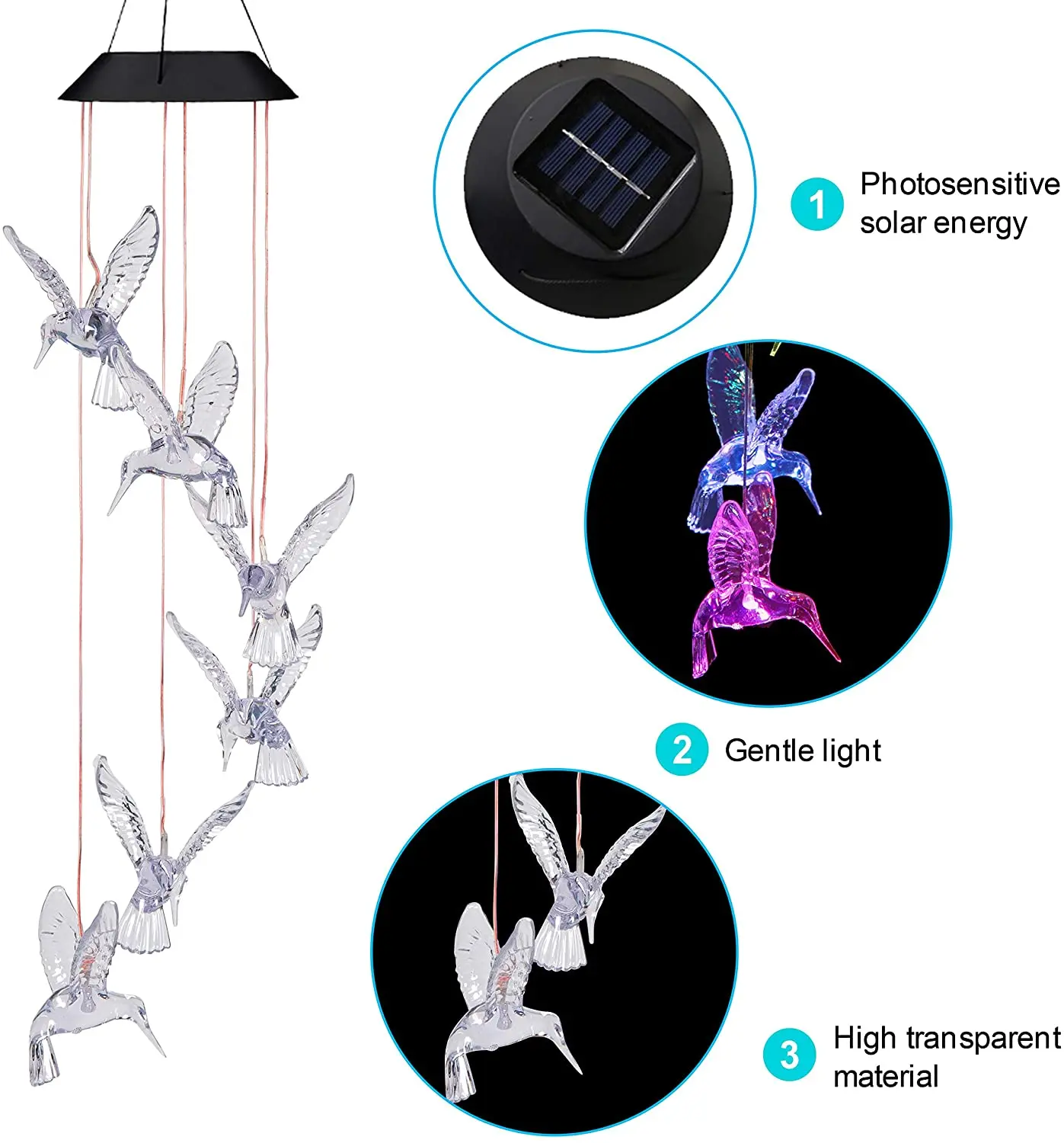 Hummingbird Wind Chime LED Solar Wind Color Changing Six Hummingbird Waterproof Outdoor Decorative Romantic Wind Bell Light