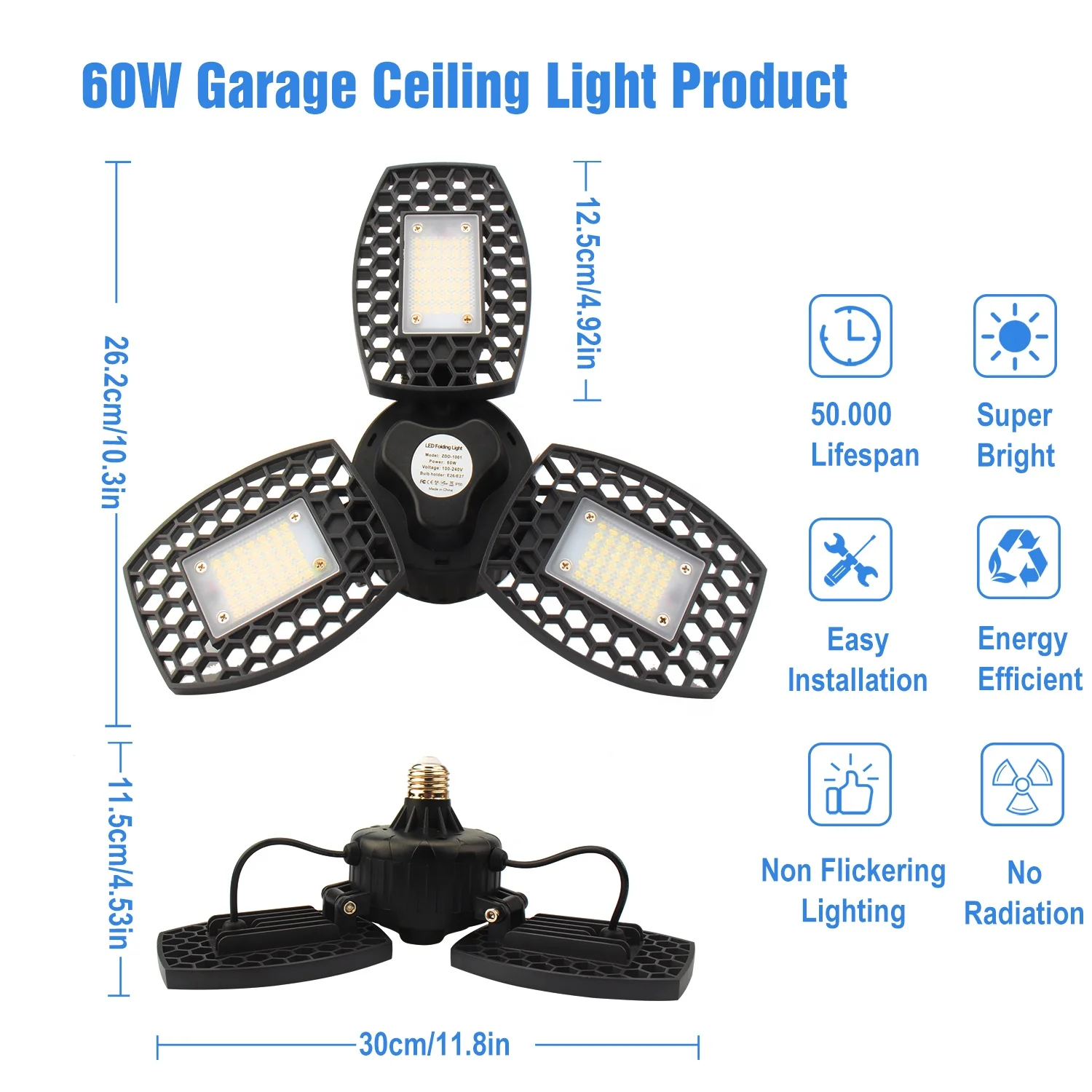 
Deformable LED Garage Ceiling Lights 60W with 6000 LM for Garage,Ultra-Bright Mining Trilight Lamp 