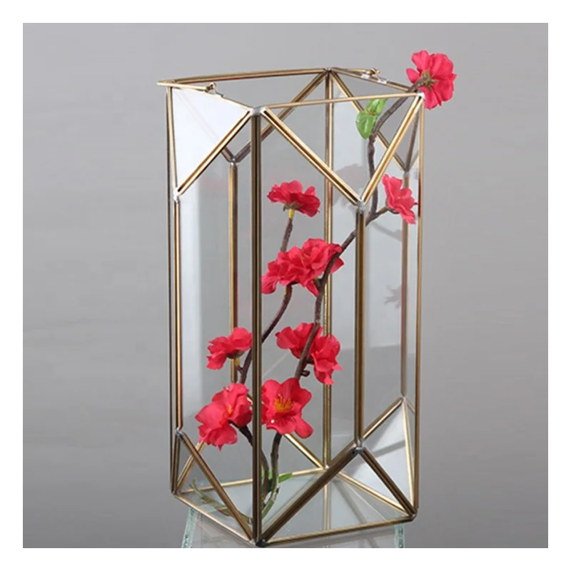 Retro Gold Border Transparent Geometric Glass Terrarium for Home Decor and Holiday Gift