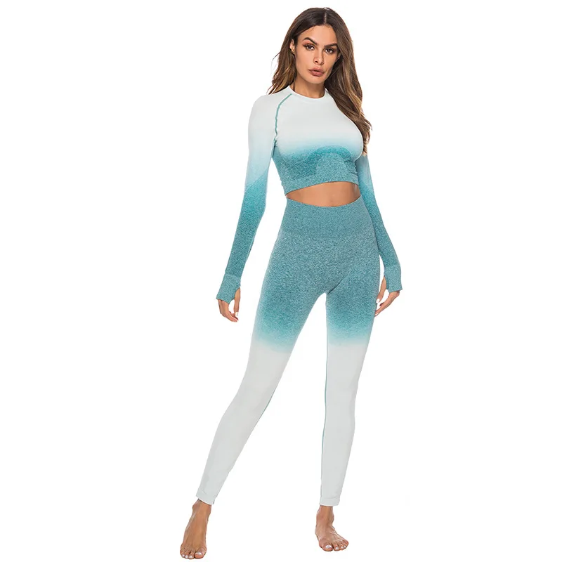 High Class Two Piece Sexy Slim Yoga Set 2020, Gradient Color Long Sleeve Yoga Tops and Pants Set for Women