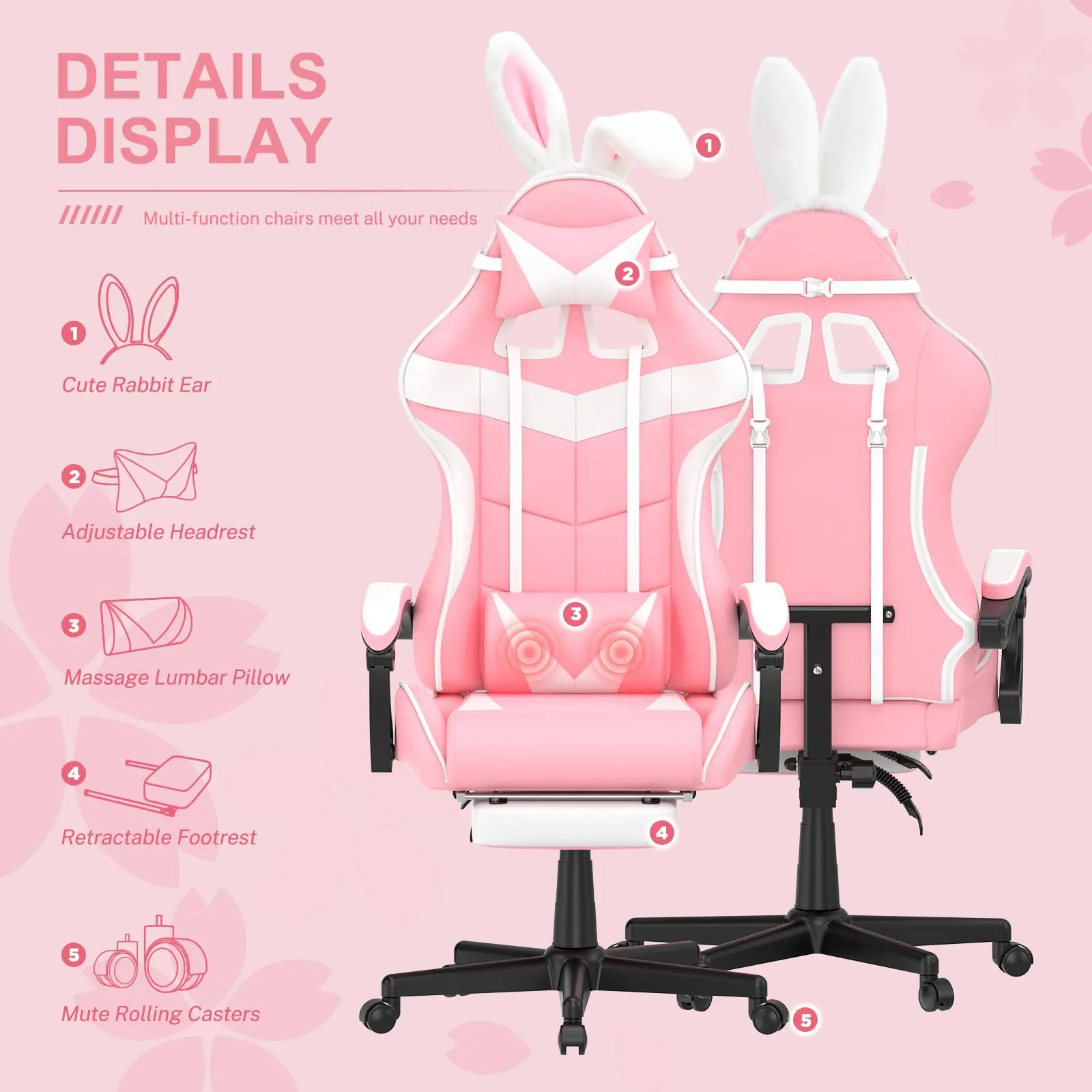 Pink Gaming Chair with Footrest,Lovely Bunny Computer Gamer Chair
