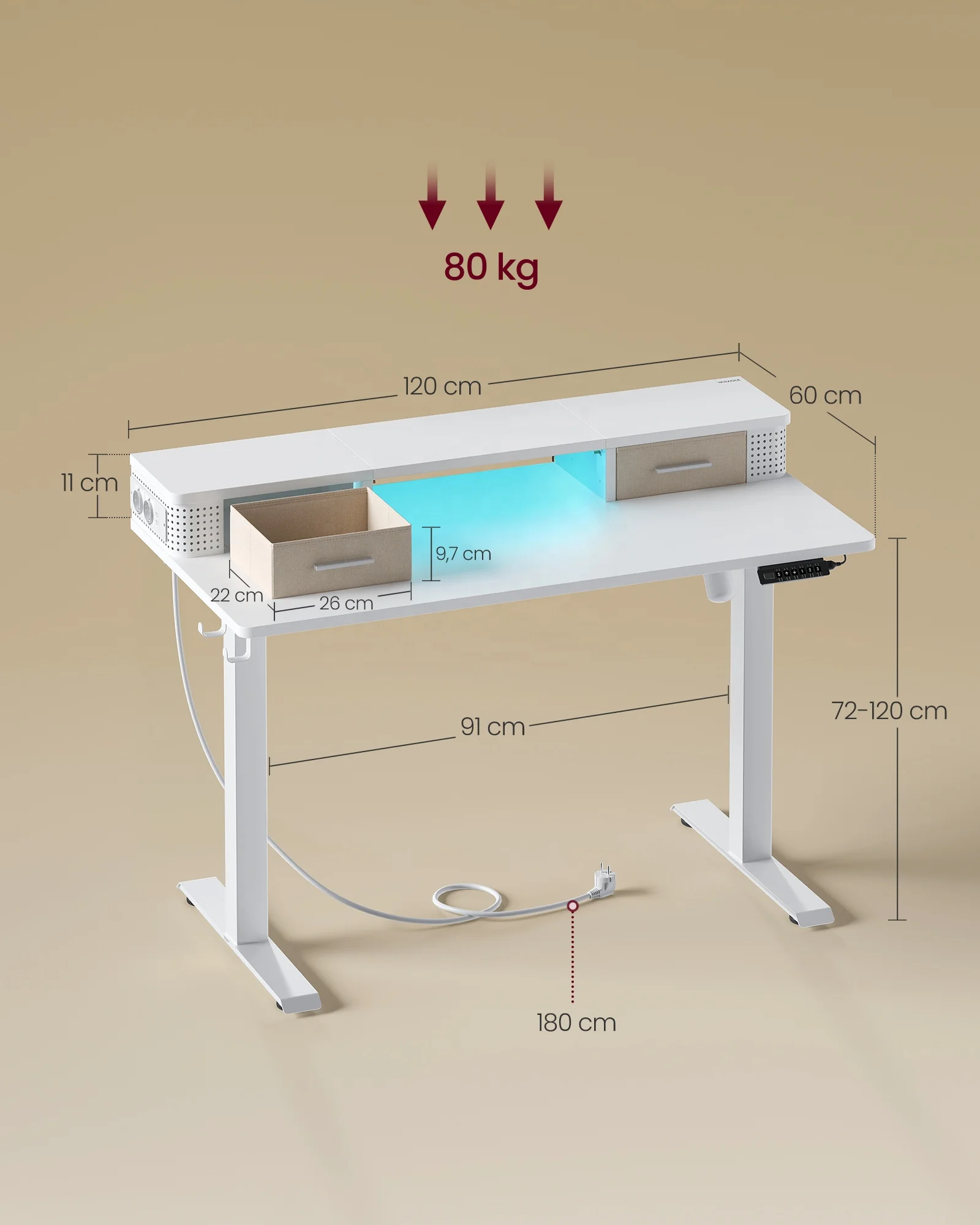 VASAGLE Height Adjustable Electric Desk with Memory Function and Monitor Stand Ergonomic Office Sit to Stand Standing Desk