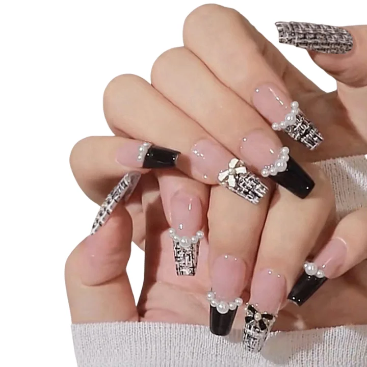 Wholesale black hand made acrylic press on nails rhinestones pink Luxury Artificial fingernails French long T nail set with glue