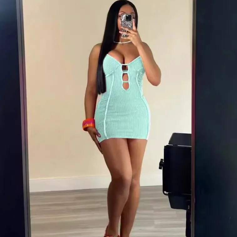 2024 New Summer Women Fashion Washed Snail Suspender Sexy Slim Fit Hollow Stripe Dress