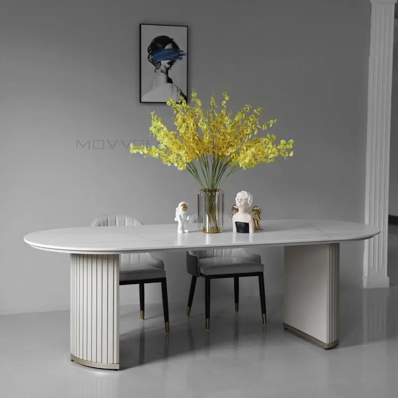 High level Classic Modern Dining Room Furniture white marble oval dining table with wood curve base