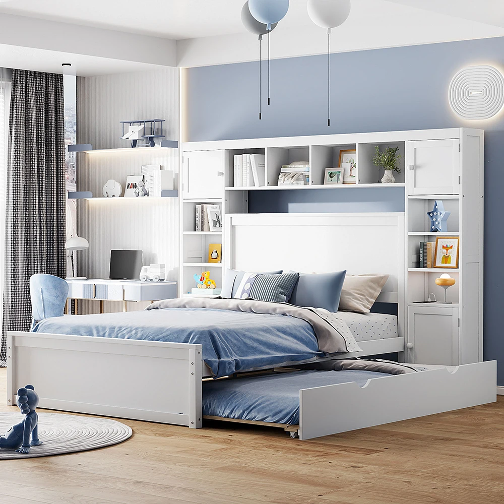 Полноразмерная деревянная кровать с шкафом «Все в одном» полкой и розетками двойная раскатка белая