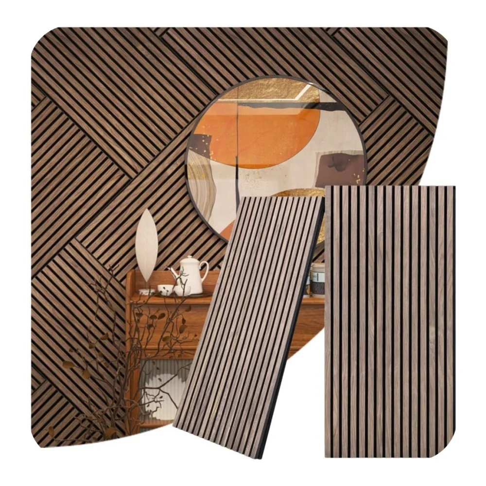 Popular 3D Wood Wall Acoustic Panel Natural Walnut Wood Veneer Sound Absorbing Acoustic Slat Wall Panel for Home, Office, Studio
