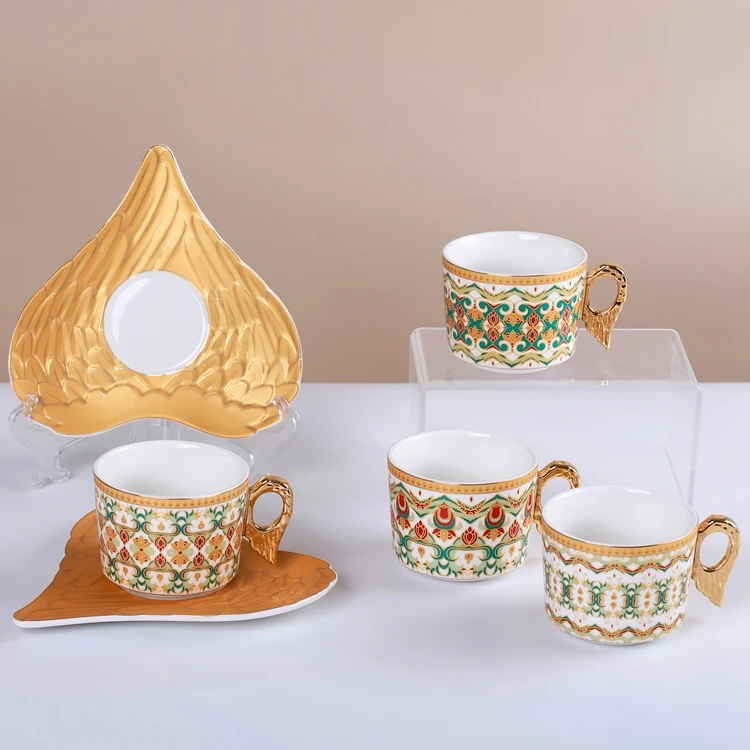 Fancy Angel Wing Ceramics Afternoon Tea Coffee Cup Suit Gold Handle Coffee Cups with Plate