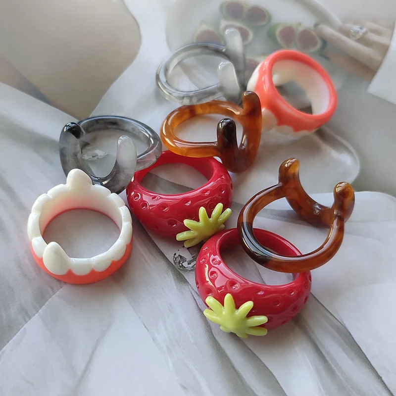 Trendy Resin Aesthetic Acrylic Plastic U Shape Finger Rings Cute Candy Teen Gem Y2K Stacking Square Resin Fruit Rings Set