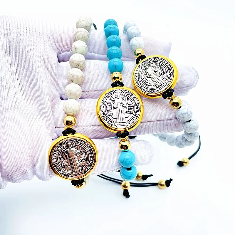 Adjustable DIY Woven Braided Rope Bracelet Custom Unisex Hand Made Turquoise Friendship Catholic St Benedict Bracelets
