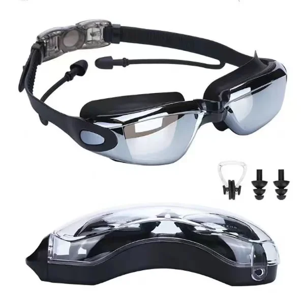 Professional Waterproof Swimming Goggles Mirrored Lens  Swim Goggles With Plastic Case And Nose Clip Earplugs