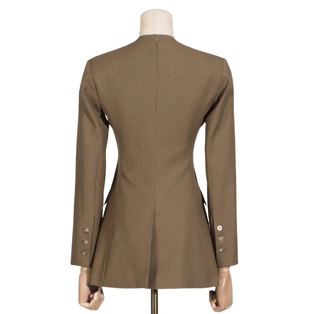 TWOTWINSTYLE Retro Coffee Colored Round Neck with a Hollowed out Chest and a Button Waist Cinched Suit Top