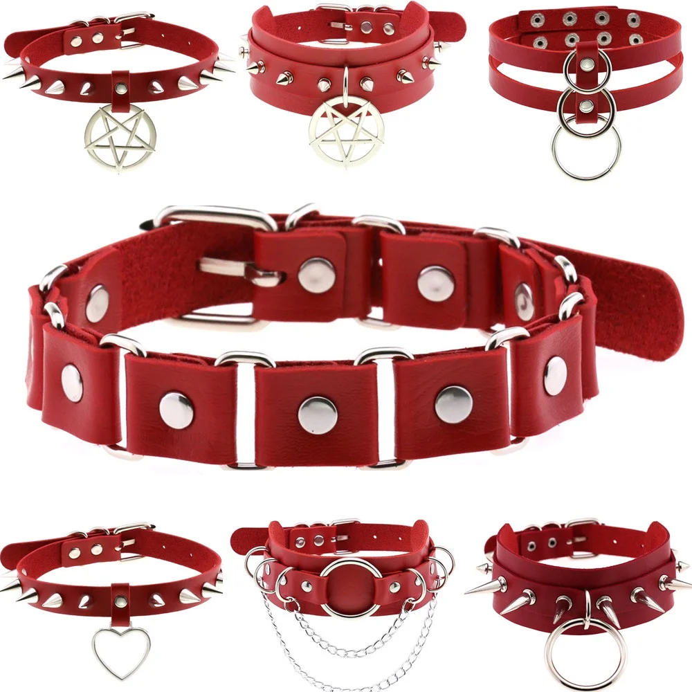 Harajuku Gothic Punk Red PU Leather Pendant Necklaces for Women Heart Star Cross Bell Choker Cosplay Party Jewelry