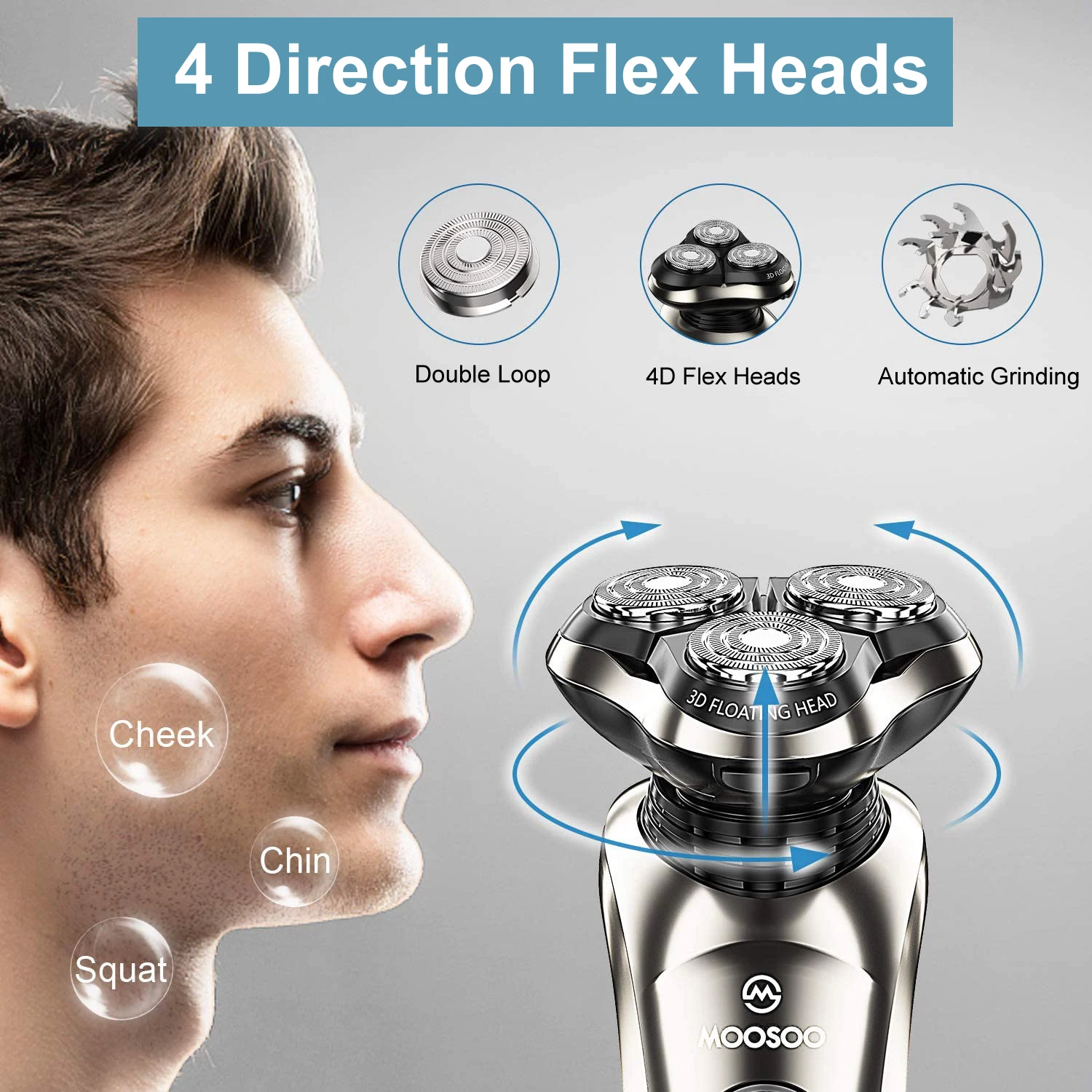 MOOSOO 8G Waterproof Rechargeable Shaving Machine 3D All  Around Floating Head Shaver Barber for Men Electric Shavers