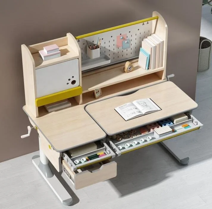 Wood top metal frame height adjustable study table and chaire for kids children furniture customized