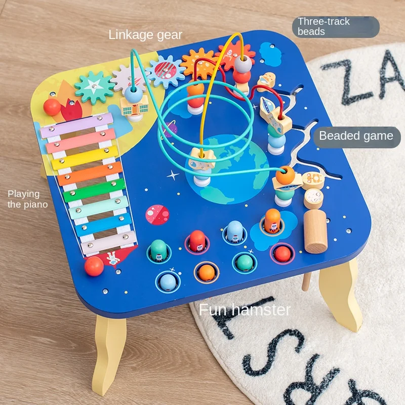 5 In 1 Multi-functional Busy Board Montessori Kids  Educational Toys Bead Maze Table Wooden Xylophone Toy Gaming Desk