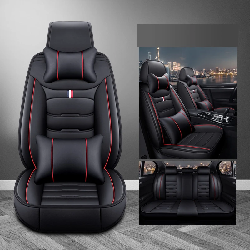 Universal Black Sports Design Car Seat Cushion Cover Full Set Four Seasons OEM PU Leather Front Rear Cushions with Pillow