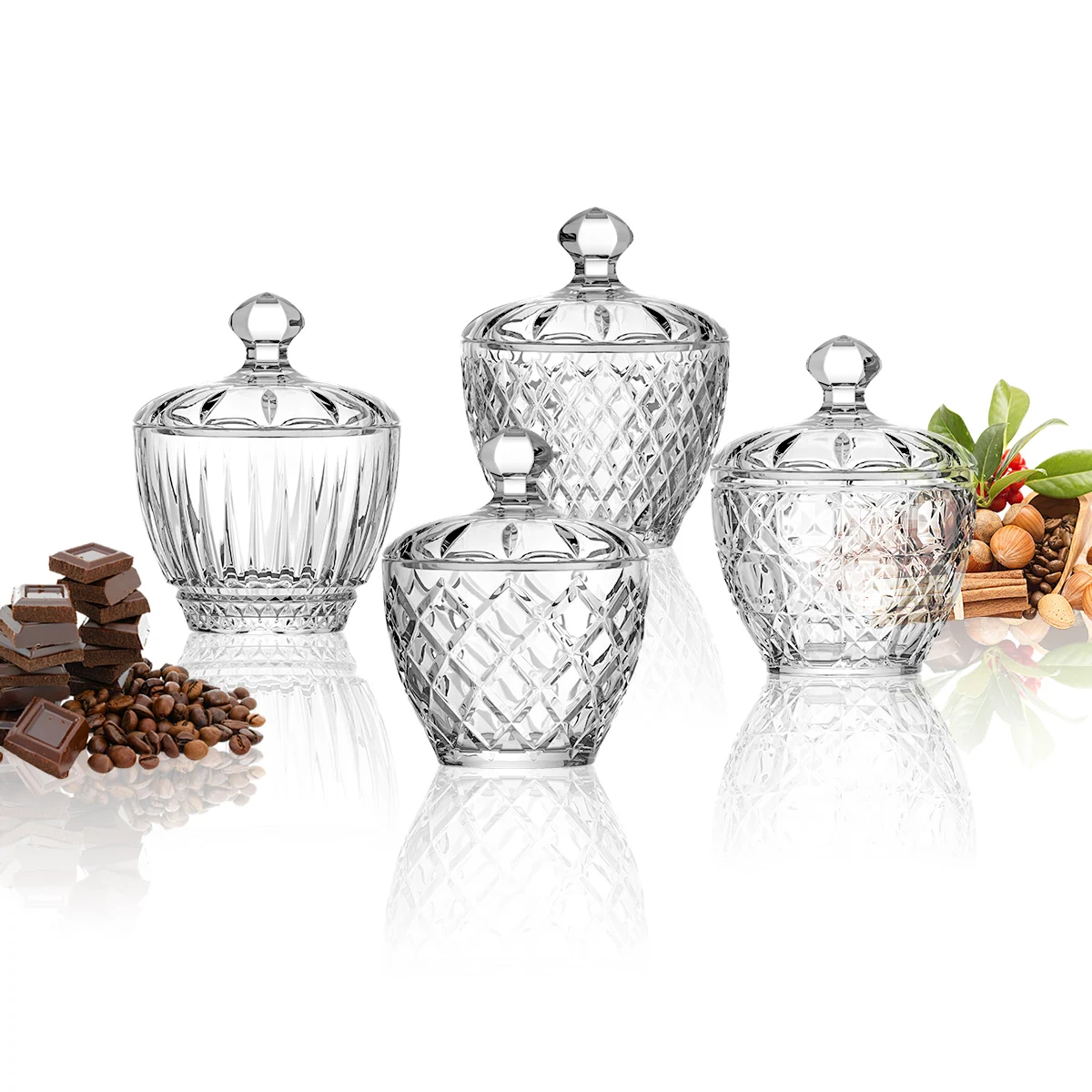 Stock clear engraved glass candy jar 3 layers stackable decorative glass food container with lid glass sugar bowl for cork nut