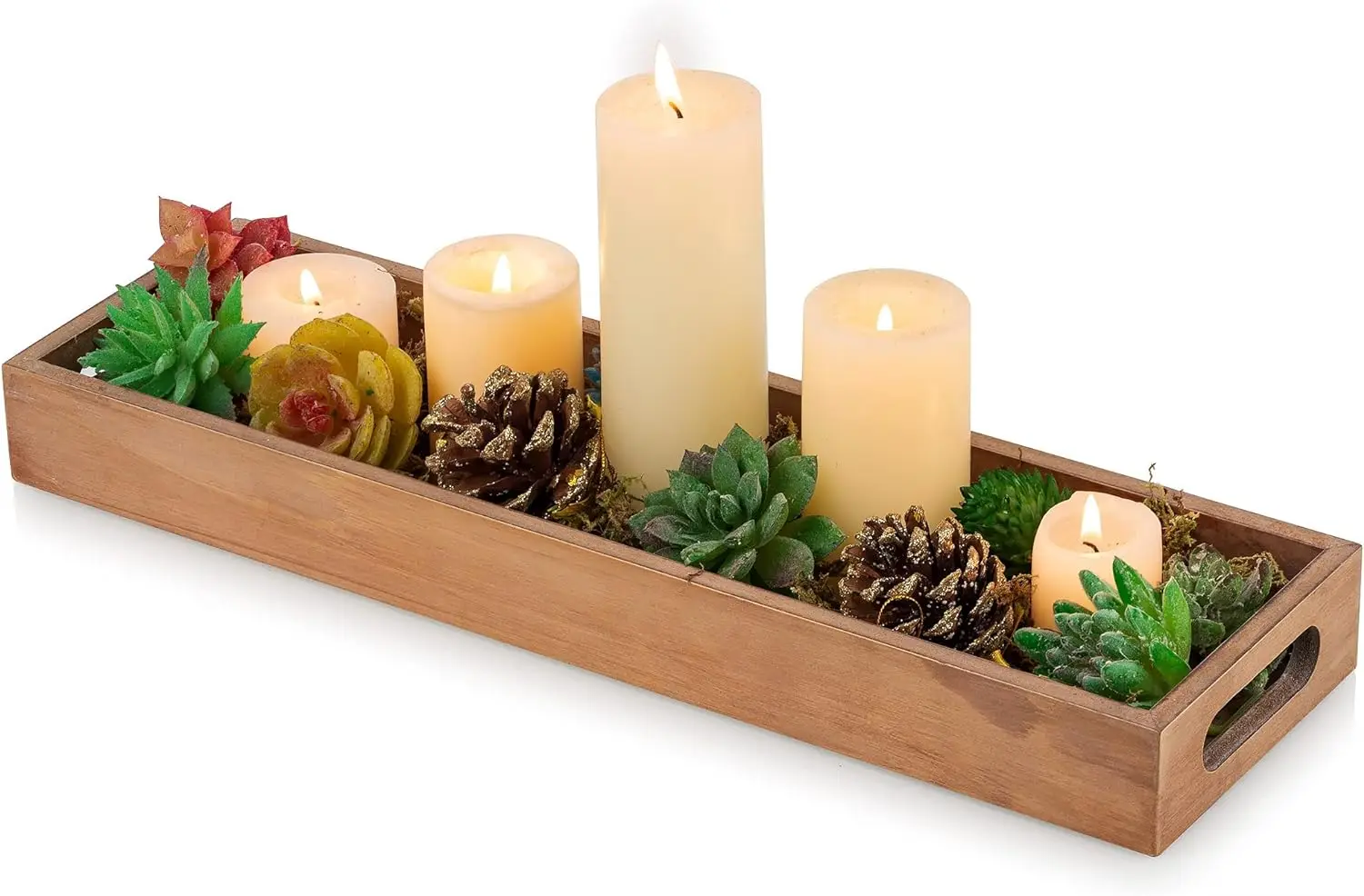 Wooden Decorative Serving Candle Holder Trays Rustic color with Cutout Handles