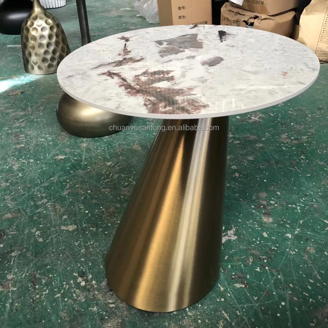Round Gold Electroplated Stainless Steel Leg Side Coffee Table  for Living Room Modern French Vintage Round Glass Top Side Table