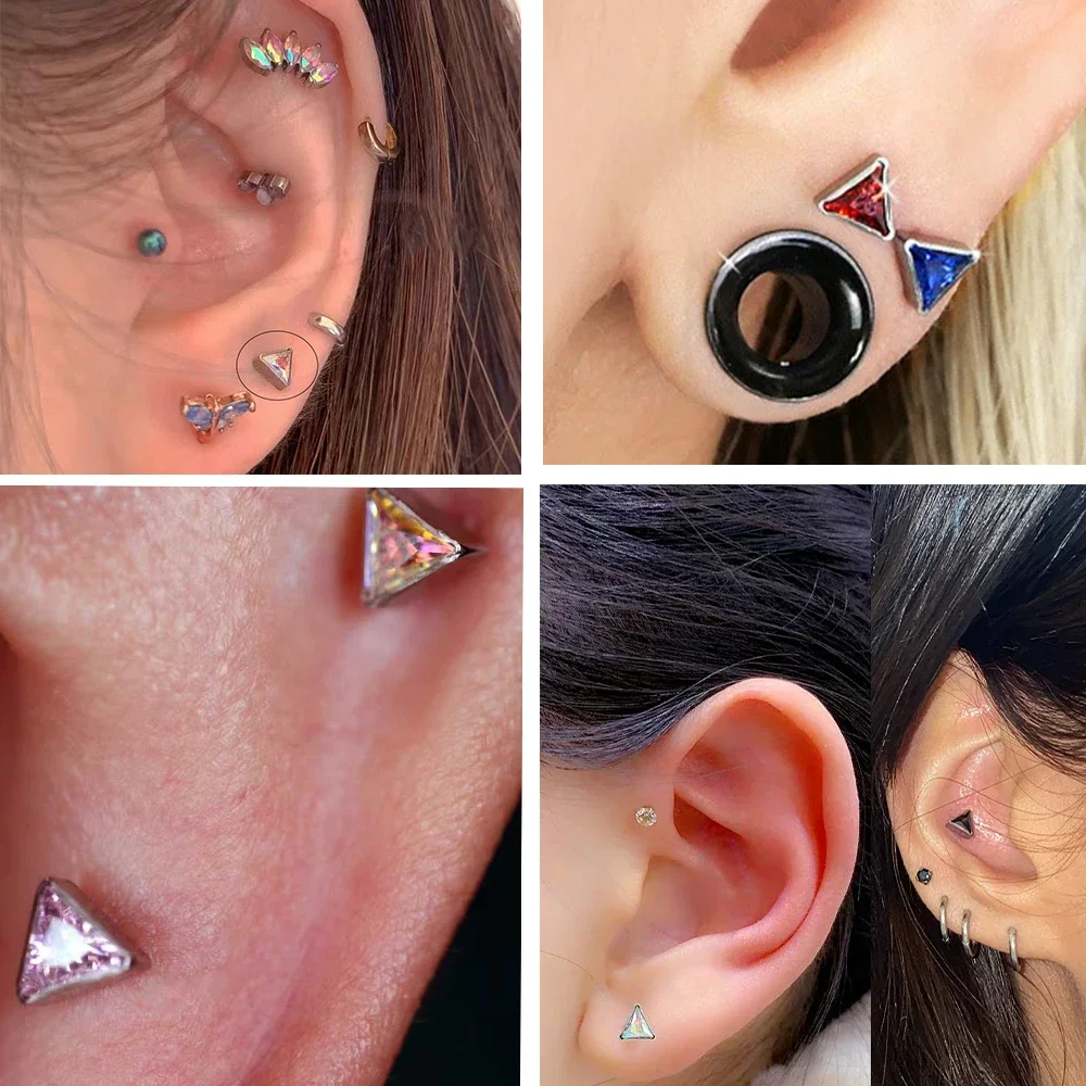 ASTM F136 Titanium Thick Triangle CZ Labret Ear Lobe Helix Tragus Cartilage Studs Lip Piercing Jewelry 1.2x8mm