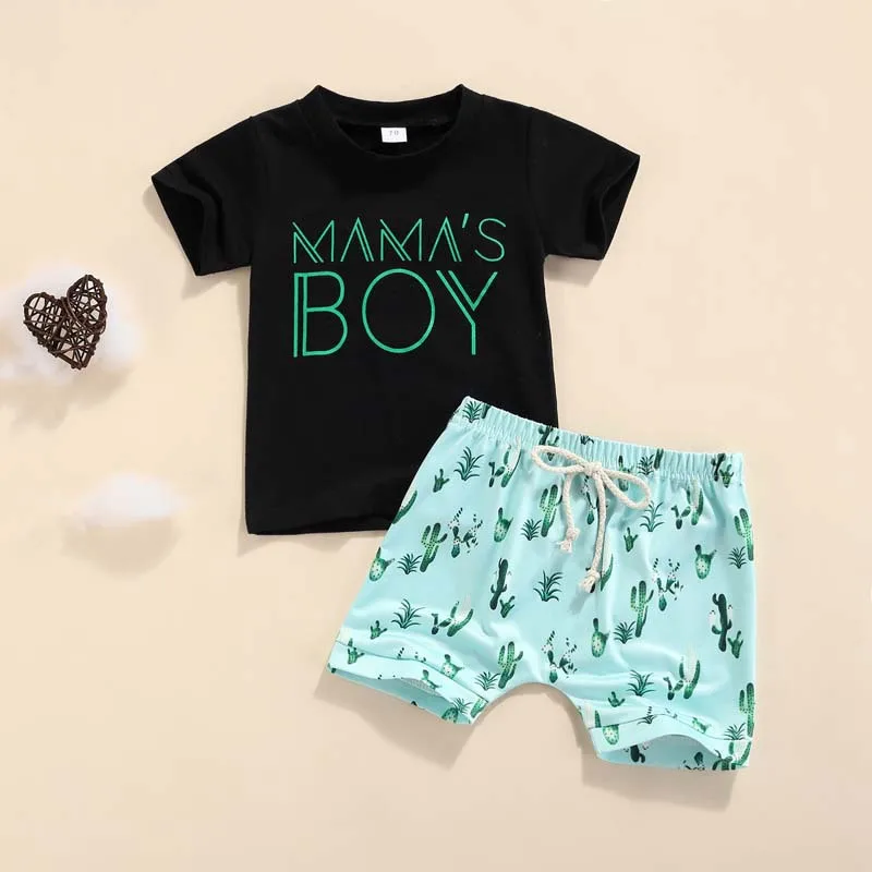 Baby Kids Summer Wear Solid Color Boys Short sleeve T-shirt+Shorts Print Shorts Two-piece Set Custom Mothers Day Clothing