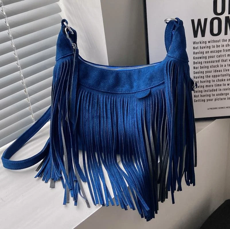 WB67 2024 trendy Bohemian Vintage Women Tassel Hobo Shoulder Bag Purses Trendy Suede Leather Fringed Crossbody Bags