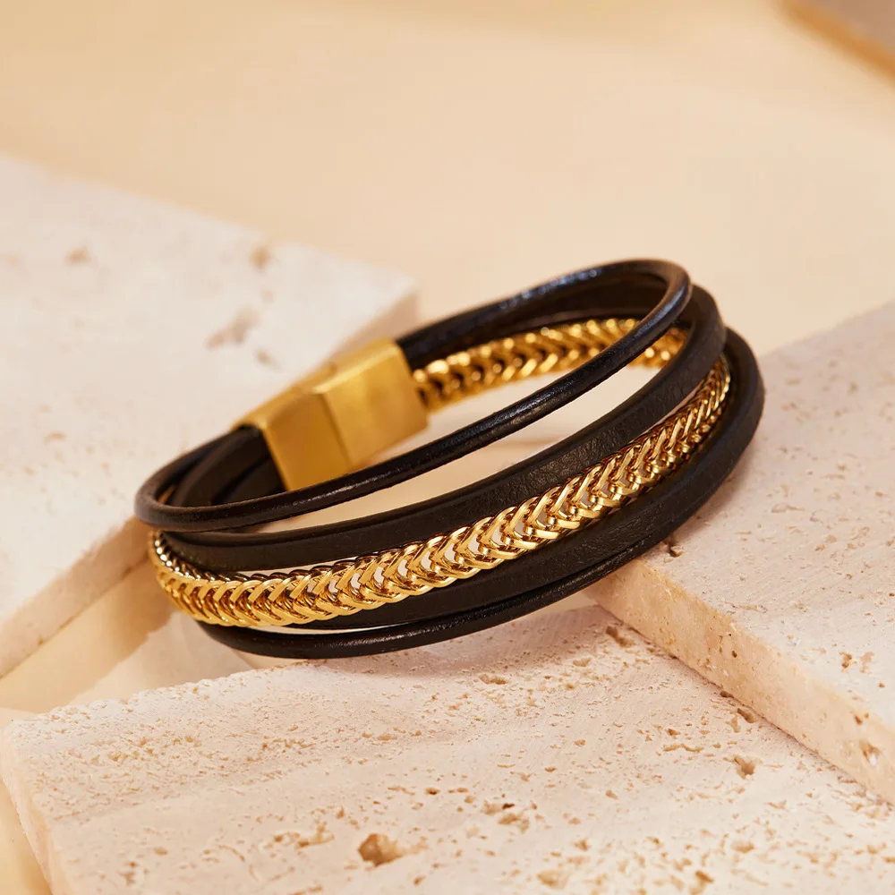 Hot Selling Retro Leather Bracelet 2024 Trendy Stainless Steel Chain Multilayer Leather Bracelet for Men