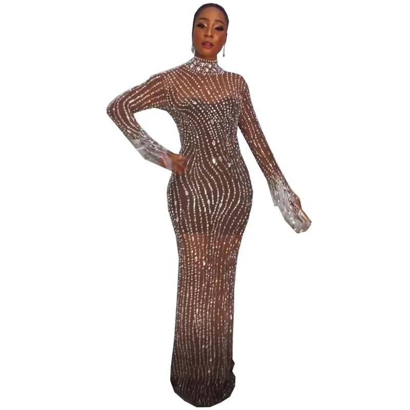 J&H 2023 new arrivals luxury diamond evening dress elegance high neck rhinestone maxi dress party gowns chic stage dress