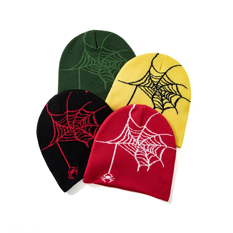 Thick Slouchy Knitted Beanies Y2k Acrylic Beanie Hat With Jacquard Spider Logo