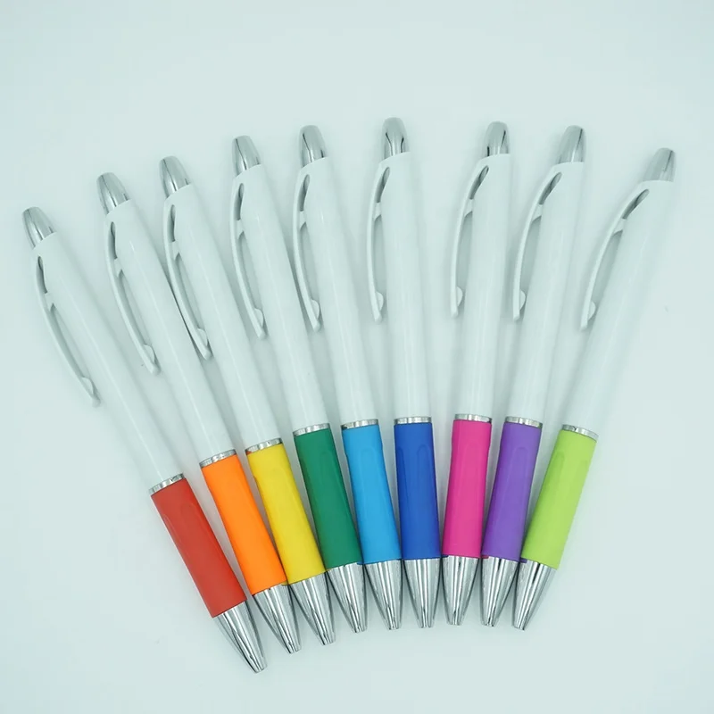 Simple design school stationery supplies logo printing solid white blank plastic ball pen with colorful rubber grip