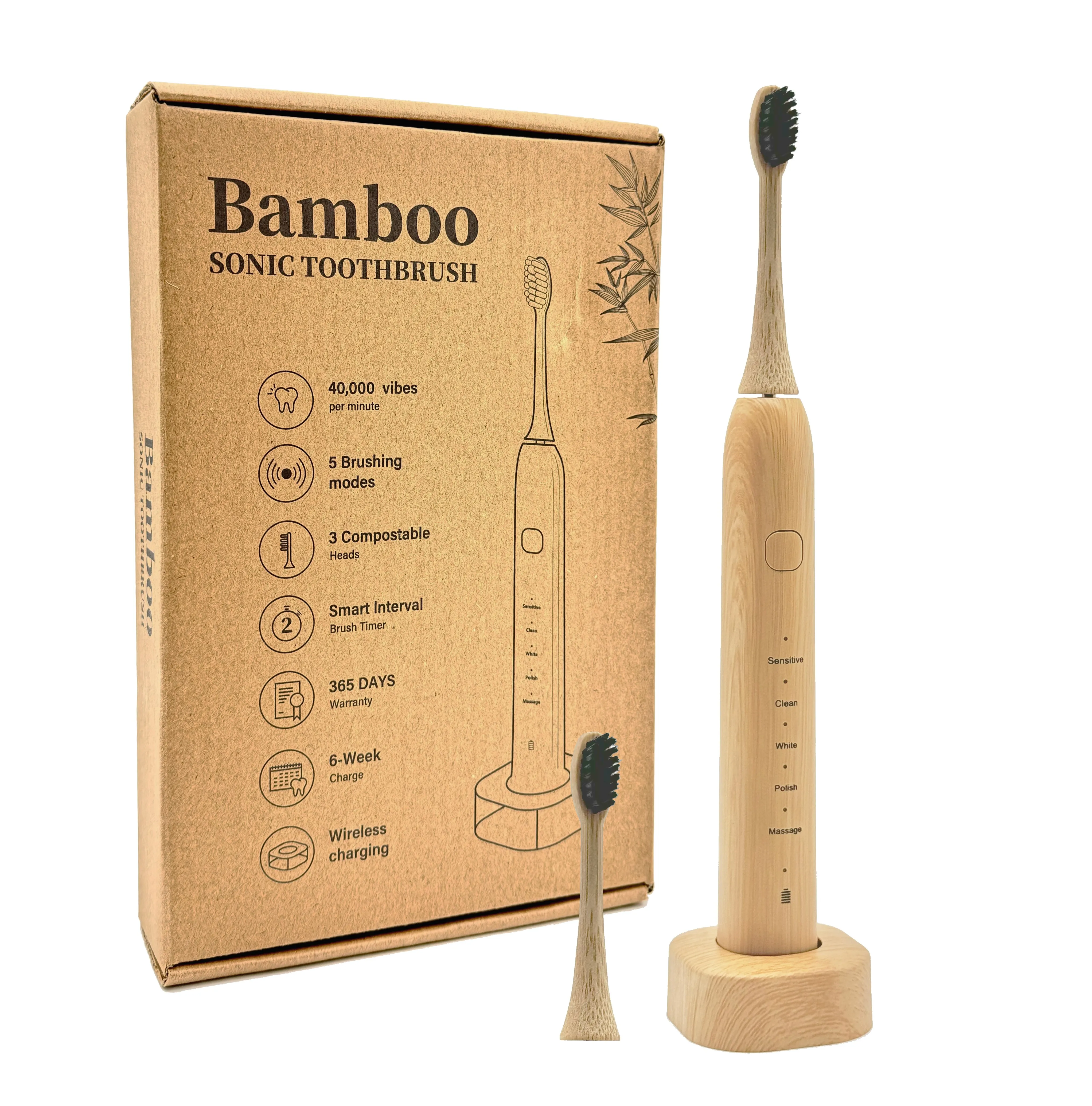 Bamboo sonic electric toothbrush high quality motor cleaning efficiency adult electric biodegradable toothbrush