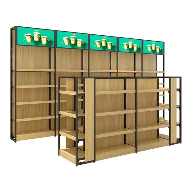 Supermarket Wooden Shelves Black Wood Shelf Gondola Store Equipment Display Counter For Retail Store