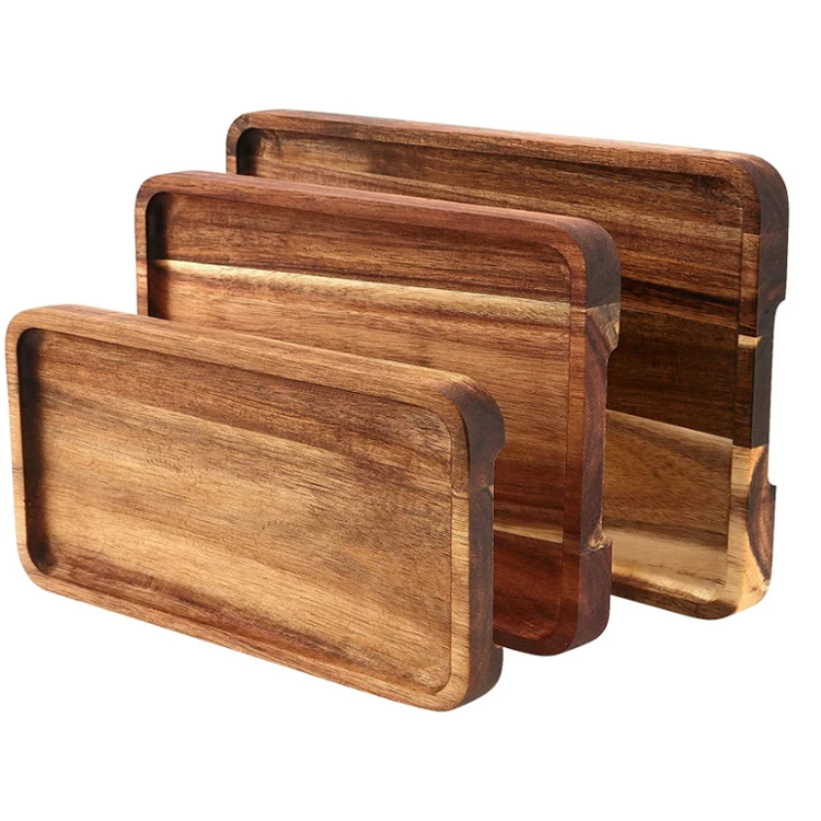 Wholesale Wooden Serving Platters Rectangle Natural Solid Acacia Wood Serving Tray