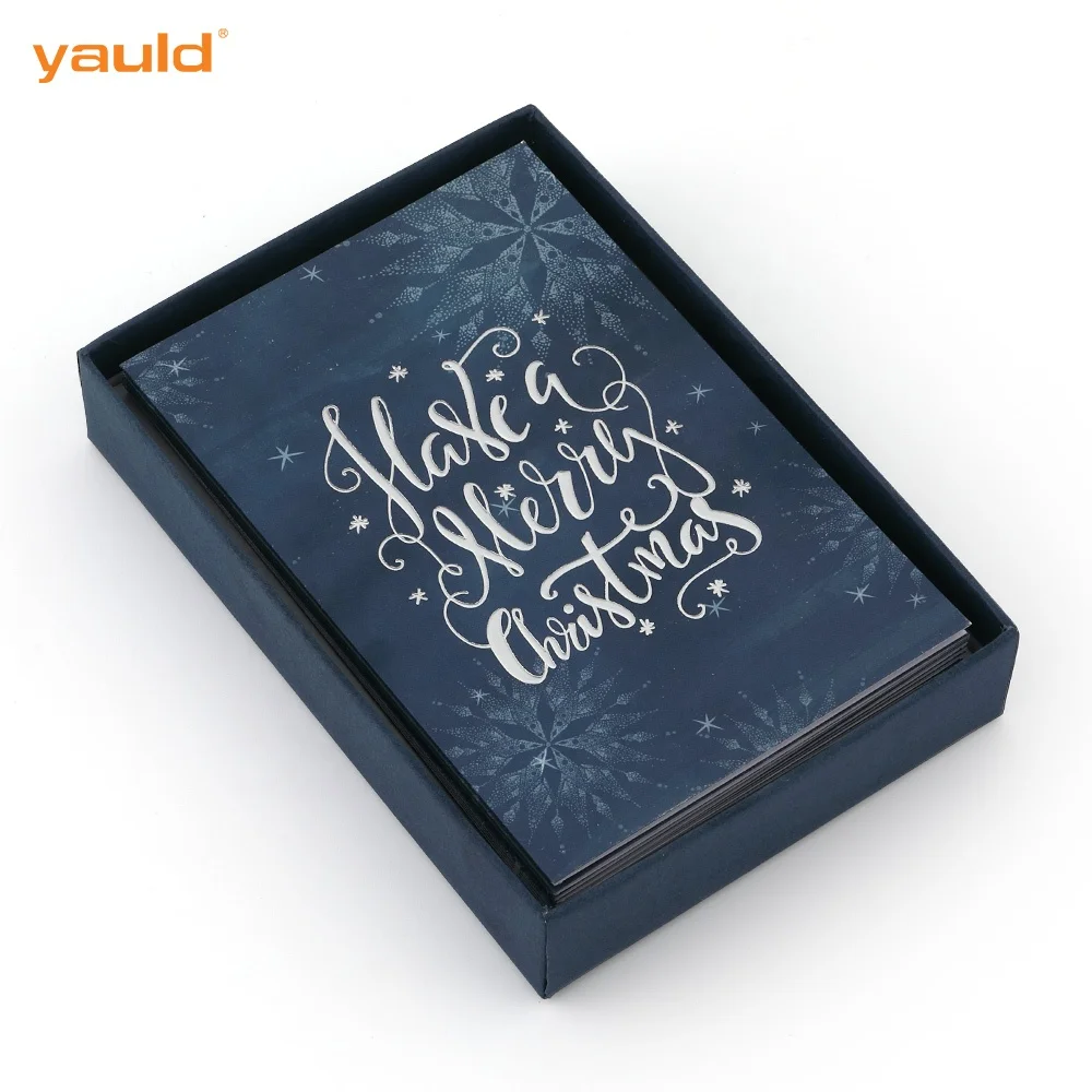 Luxury Silver Foil Blue Happy Holidays Card Customized Paper Merry Christmas Greeting Cards with Box Set