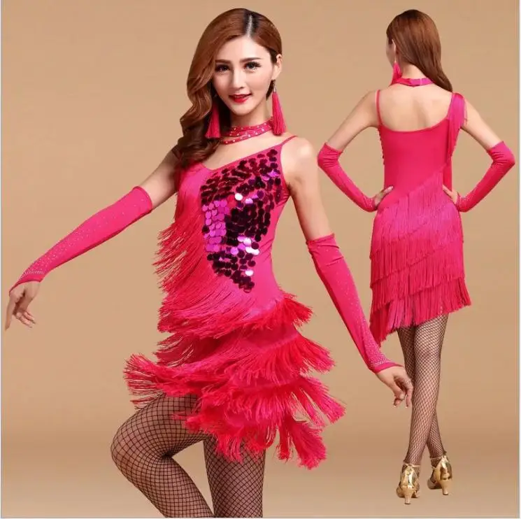 Wholesale red performance women dancewear adult latin dance dress sequin tassel