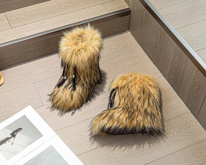2024 Hot Selling Ladies Imitation Raccoon Fur Boots Factory Wholesale High Quality Snow Boots Fur Snow Boots