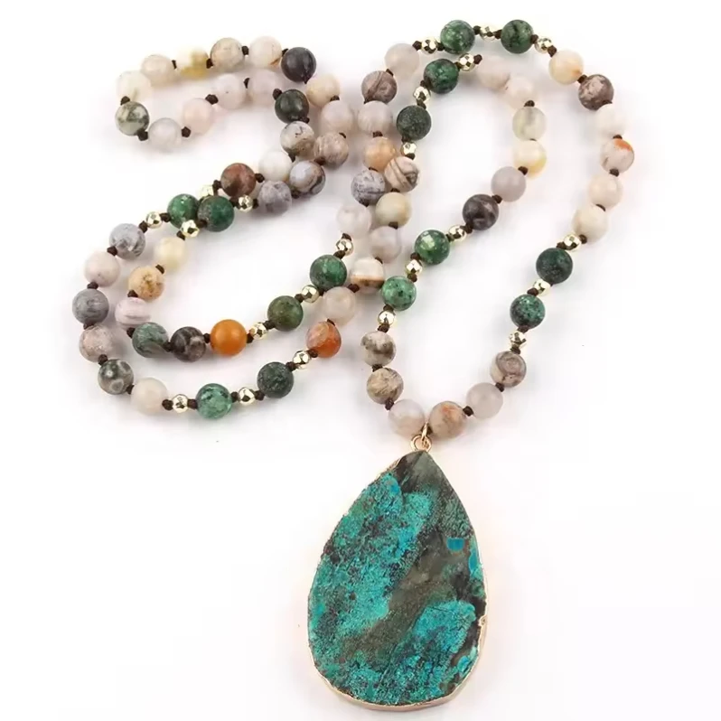 Fashion Boho Jewelry Women Bohemia 8mm Amazonite Crystal Glass Natural African Turquoise Stone Pendant Necklace