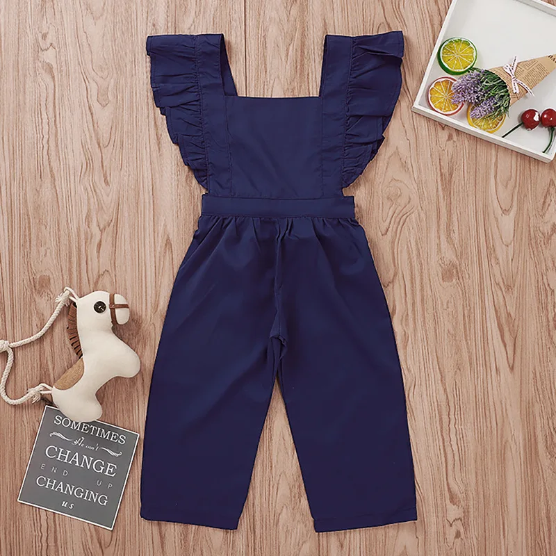 Wholesale Cheap 1-5 Years Old Kid Clothes Flying Sleeve Lotus Fold Solid Color Strap Girl Fashion Jumpsuit