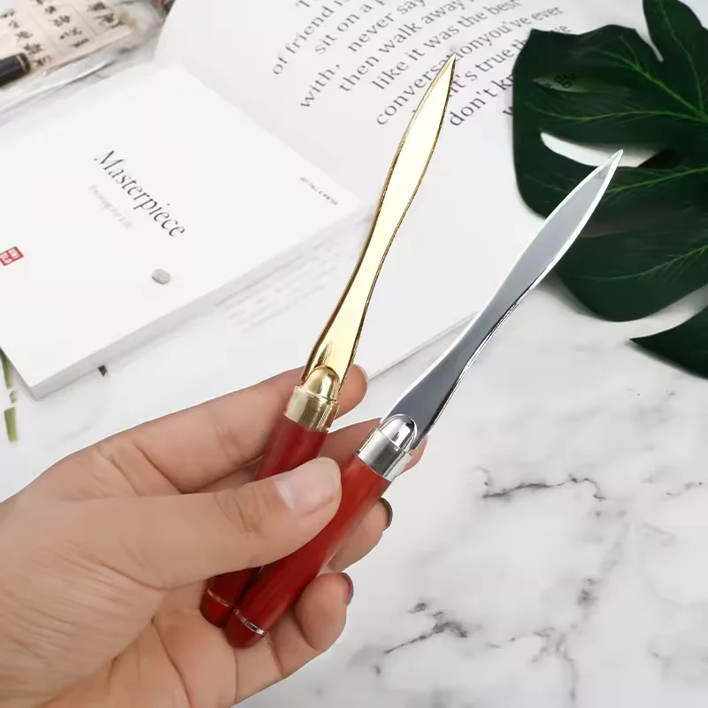 Engraved Printing Logo Silver Gold Letter Opener Custom Wooden Handle Paper Box Envelope Cutter Knife