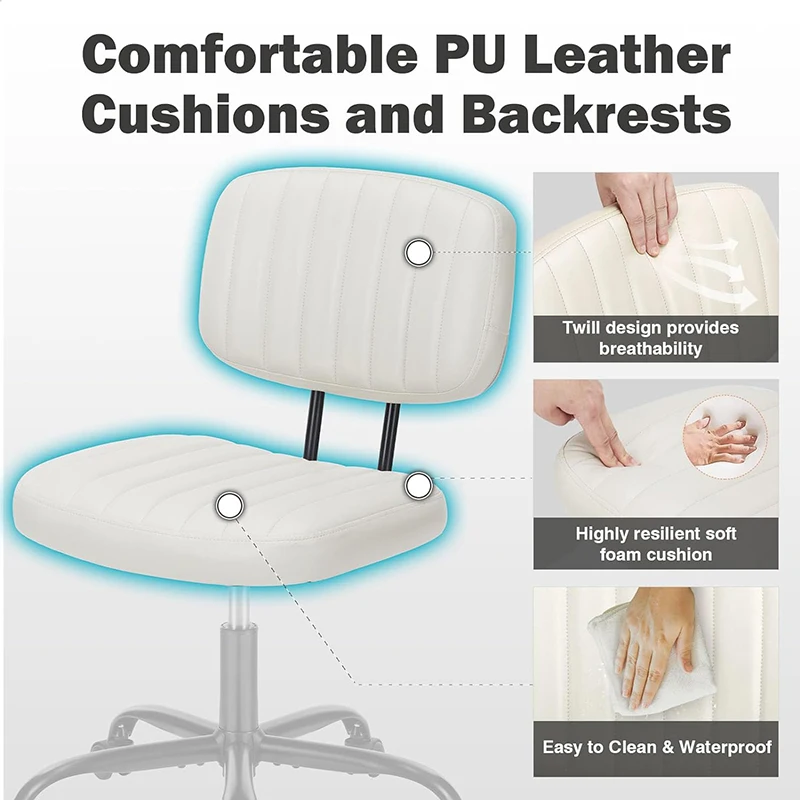Small Armless Office Chair With Rolling Wheels Low Back Swivel Comfortable White PU Leather Computer Chair