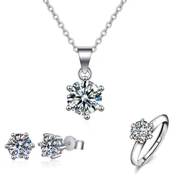 Qetesh American Jewelry Set 925 Sterling Silver One Carat Moissanite Diamond Necklace Ring Earrings Pendant Sets Jewelry