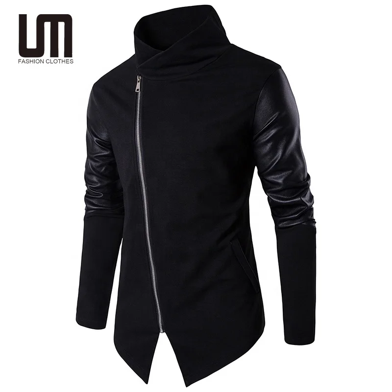 Liu Ming Fall Winter Men Clothes Streetwear Leather Sleeve Patchwork Asymmetrical Slim Punk Sweatshirt