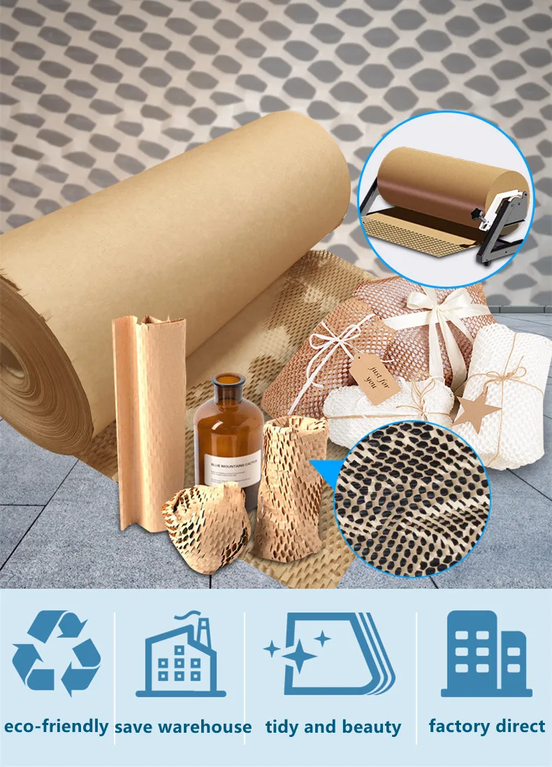 Perforated-Packing Cushioning Wrap Honeycomb Packaging Paper Rolls with 20 Fragile Sticker Labels