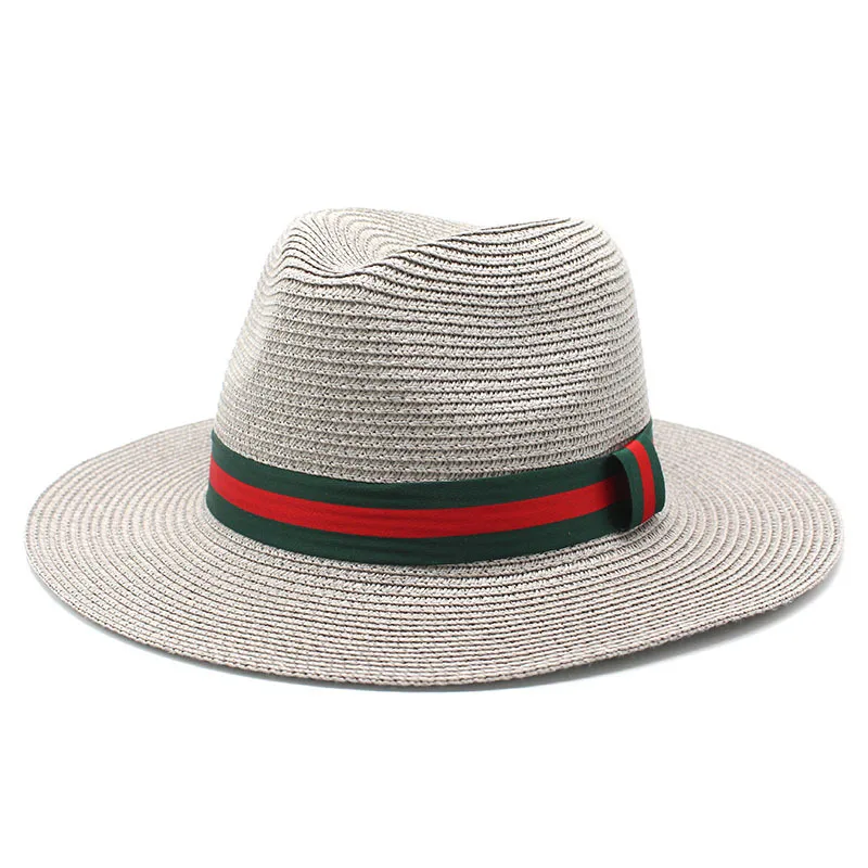 Custom Women Men Summer Sun Shade Hat Green Red Striped Ribbon Decorative Paper Straw Fedora Hat