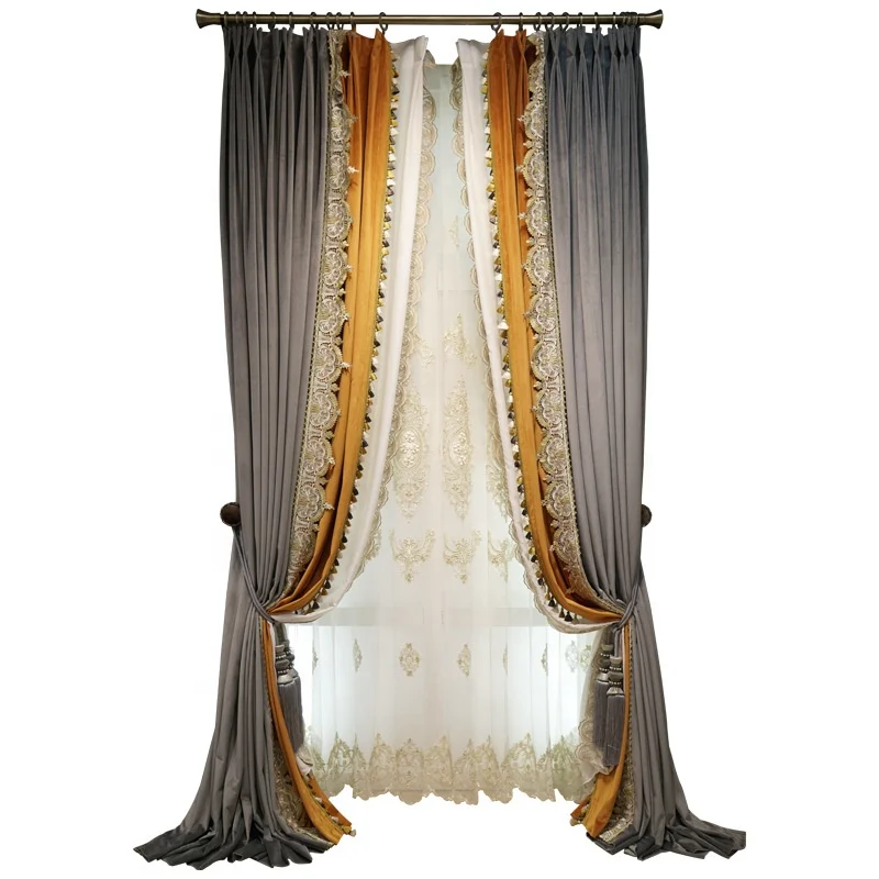 Manufacturer Luxury Orang Grey Patch Solid Curtains Living Room Modern Inverted Pleat Curtain Black Out Home Decor Curtain