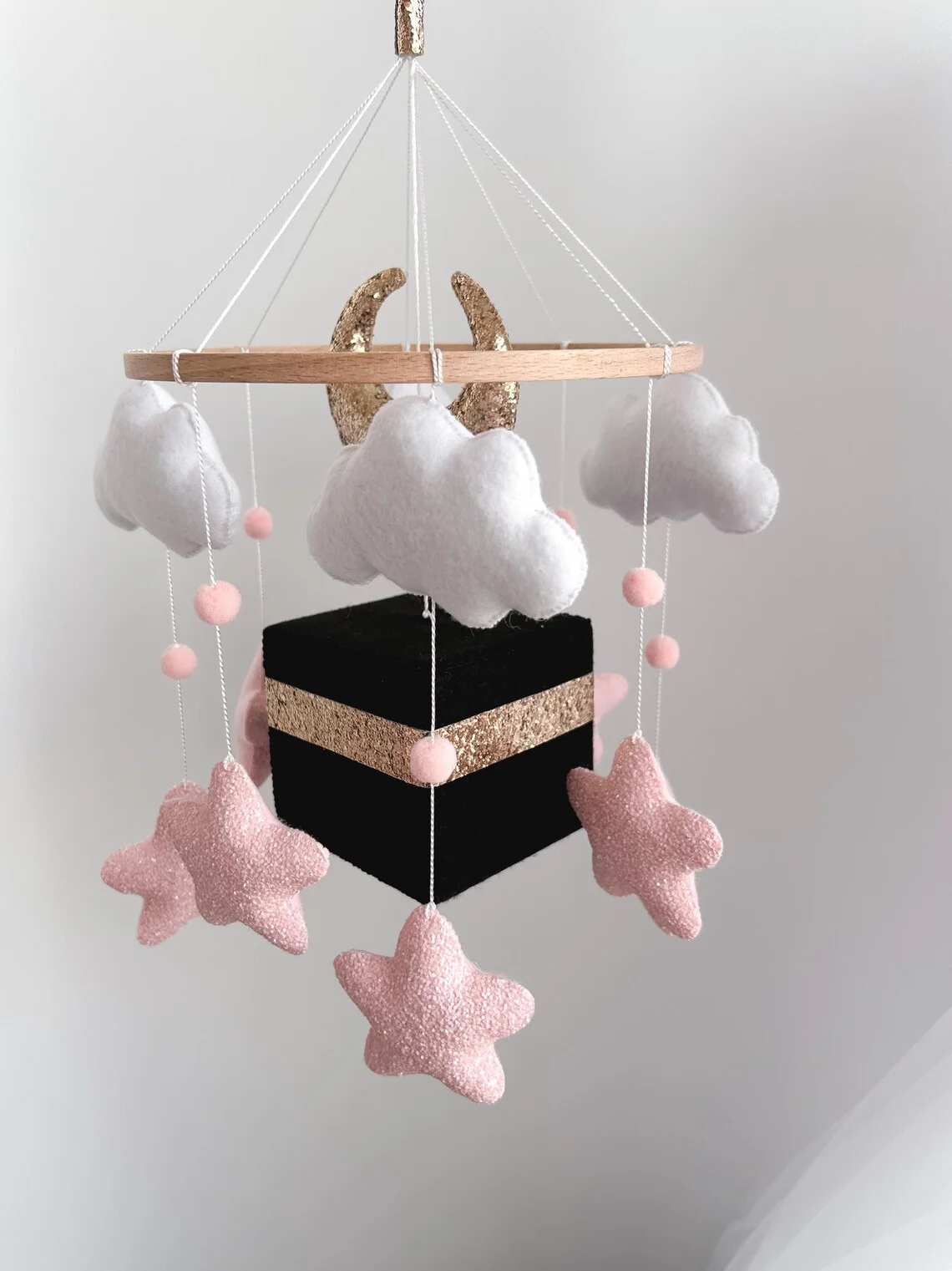 nursery decoration handmade pink soft islamic baby toys cube kaaba felt musical quran crib mobile for baby cot