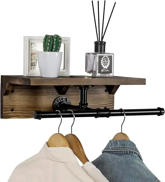 Wall Mounted Garment Rack with Top Rustic Burnt Solid Wood Shelf